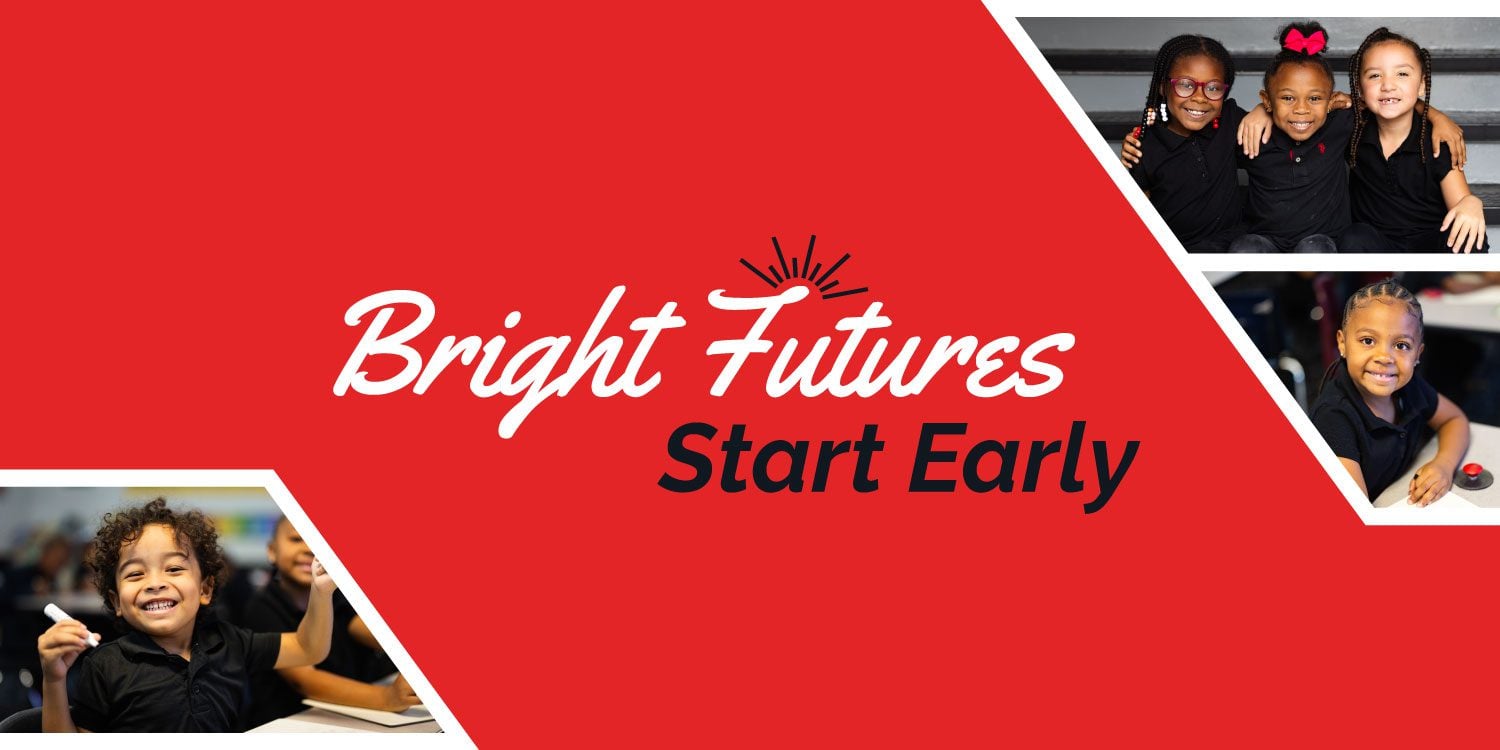 Smiling children in classrooms with text "Bright Futures Start Early."