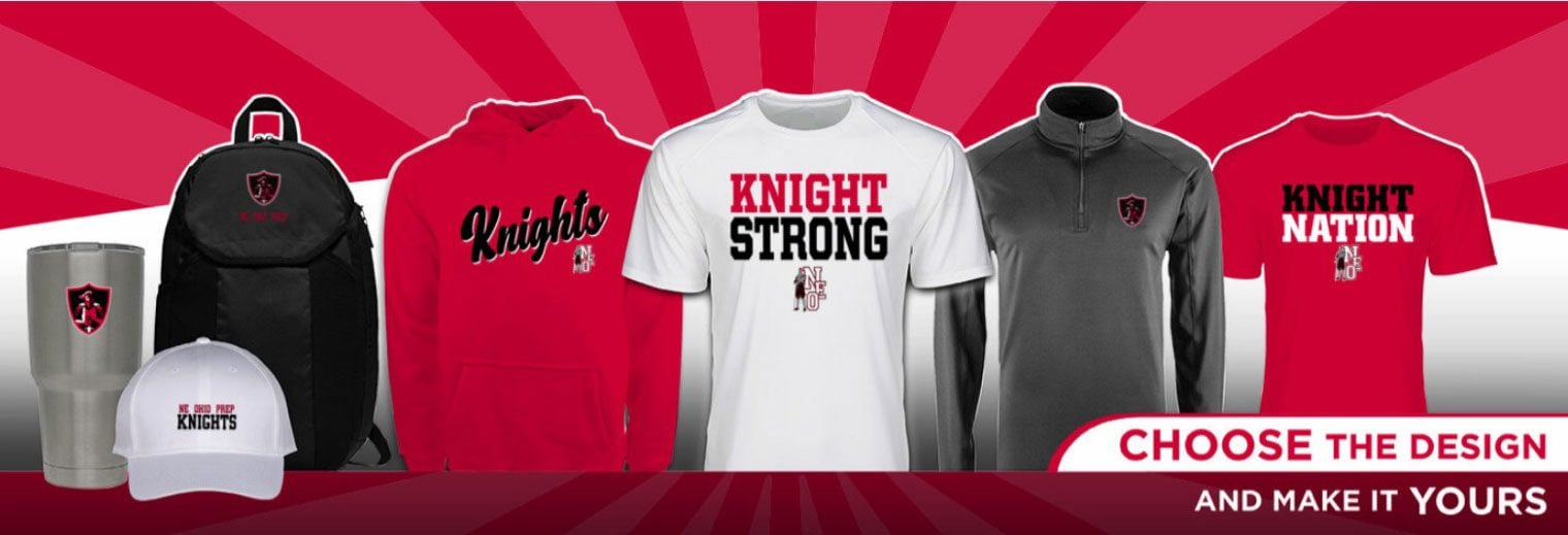 School merchandise with shield logo: shirts, hoodie, backpack, tumbler, cap.