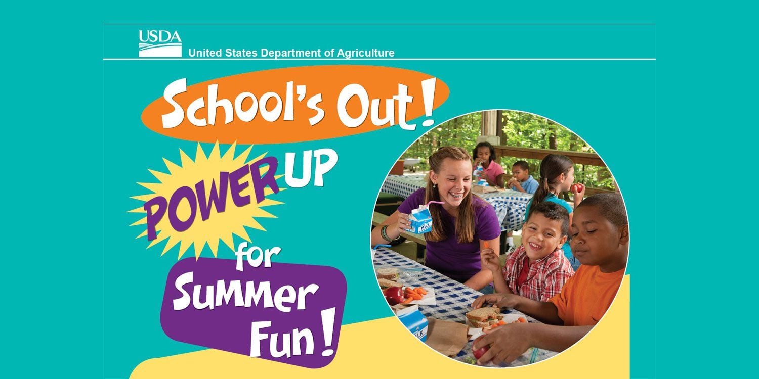 Flyer with children eating, promoting summer fun.
